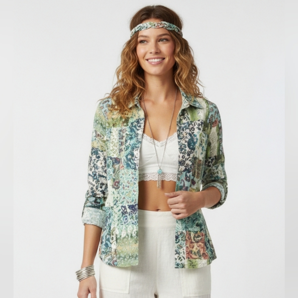 Christopher & Banks Green Blue Patchwork Pearl Snap Jacket Boho Paisley L